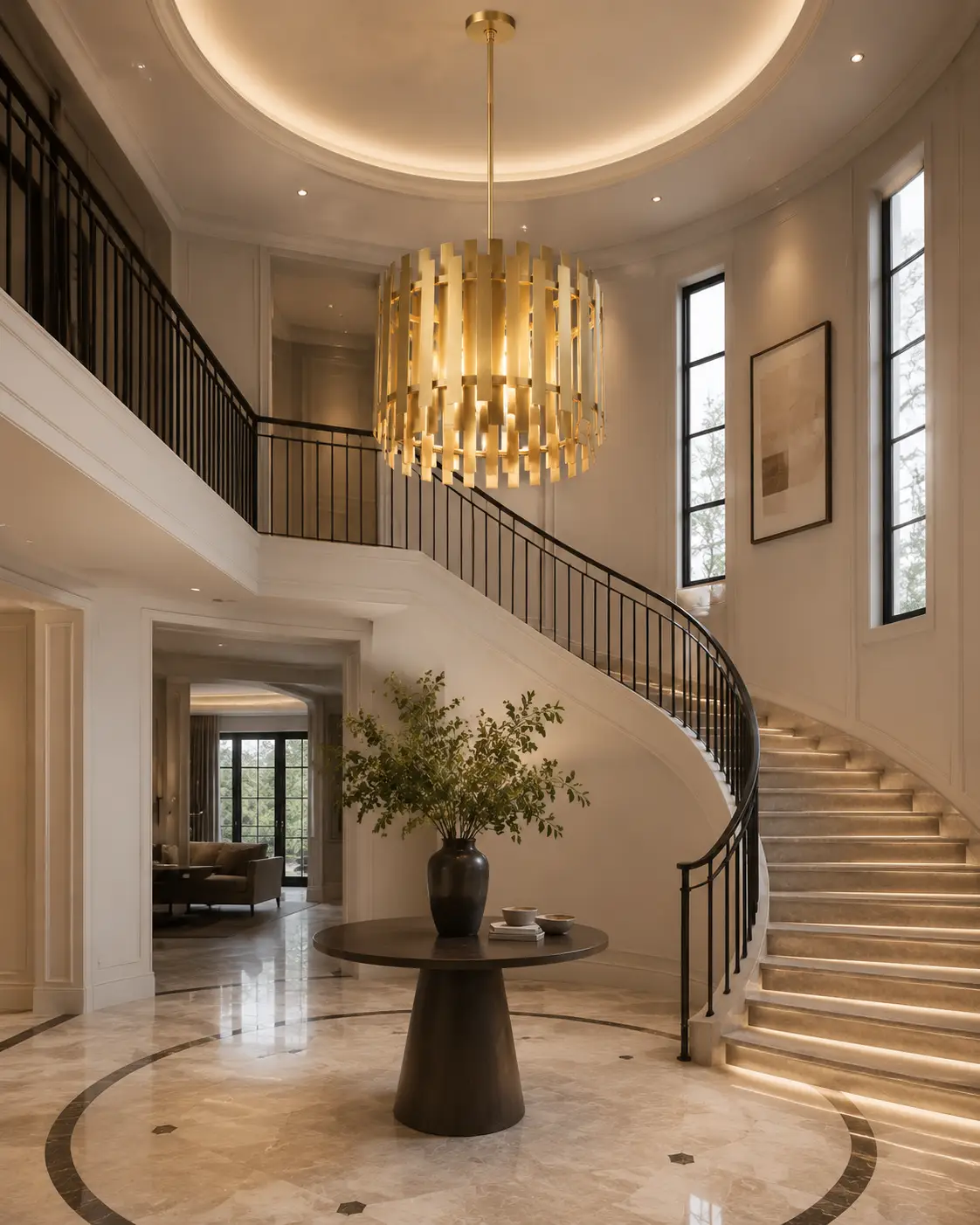 Elysia-Brass-6‑Light-Pendant-with-Layered-Drum-transitional-foyer Elysia-Brass-6‑Light-Pendant-with-Layered-Drum-transitional-foyer