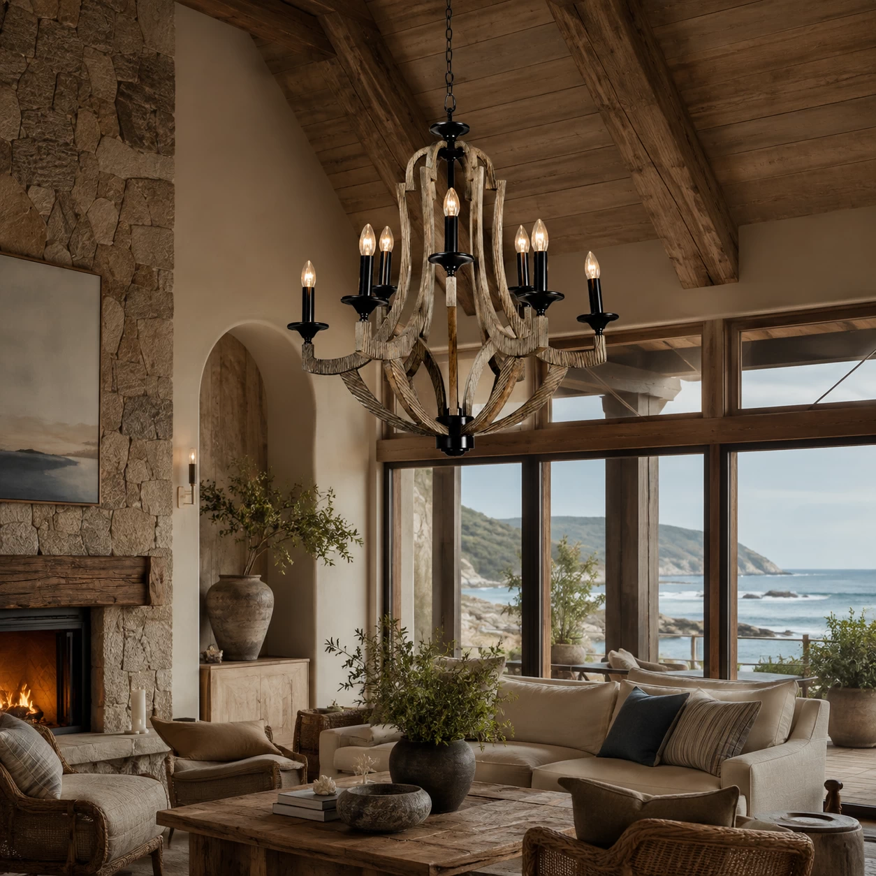 Distressed Wood Chandelier in Coastal Lodge Salon
