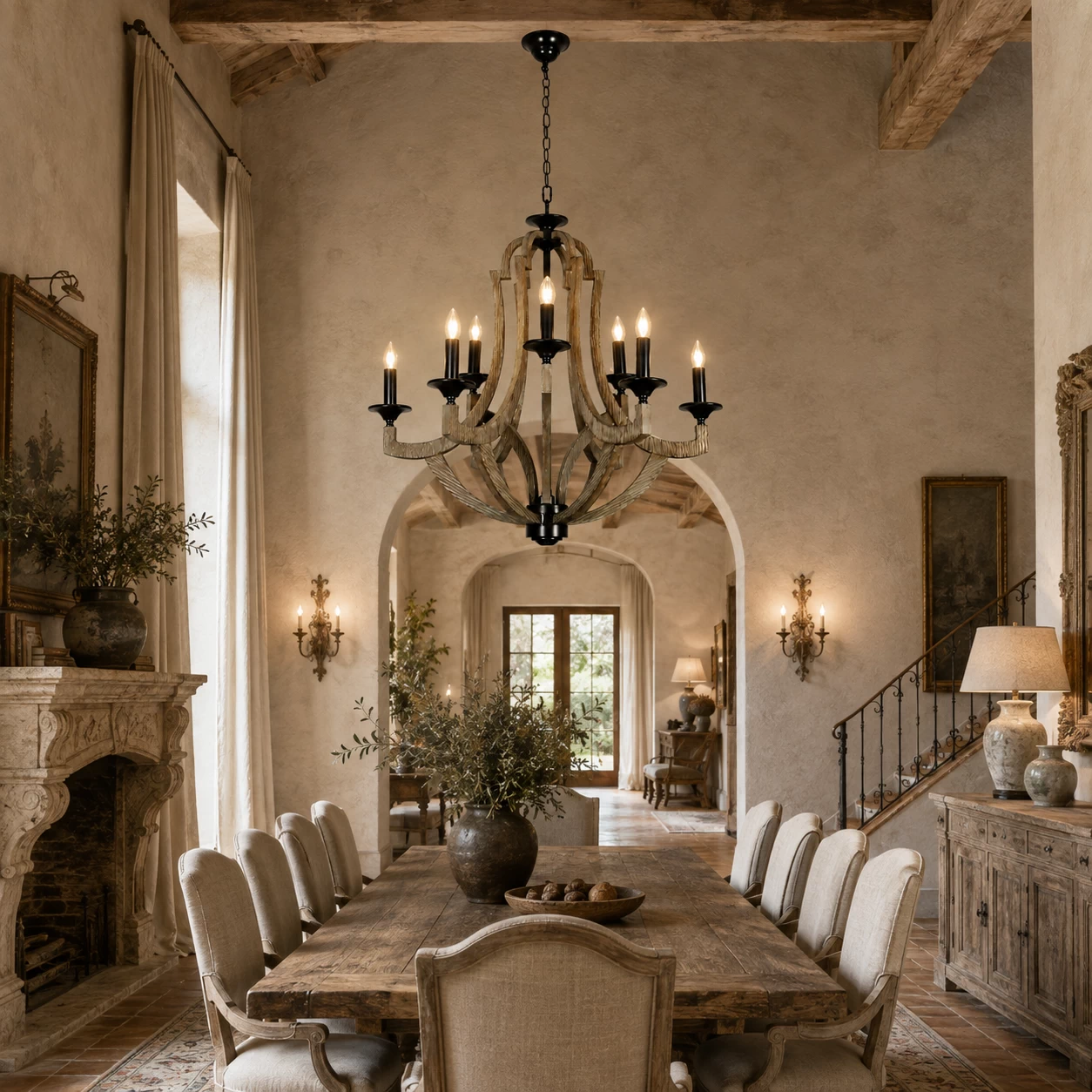 Distressed Wood Chandelier in French Country Dining Room
