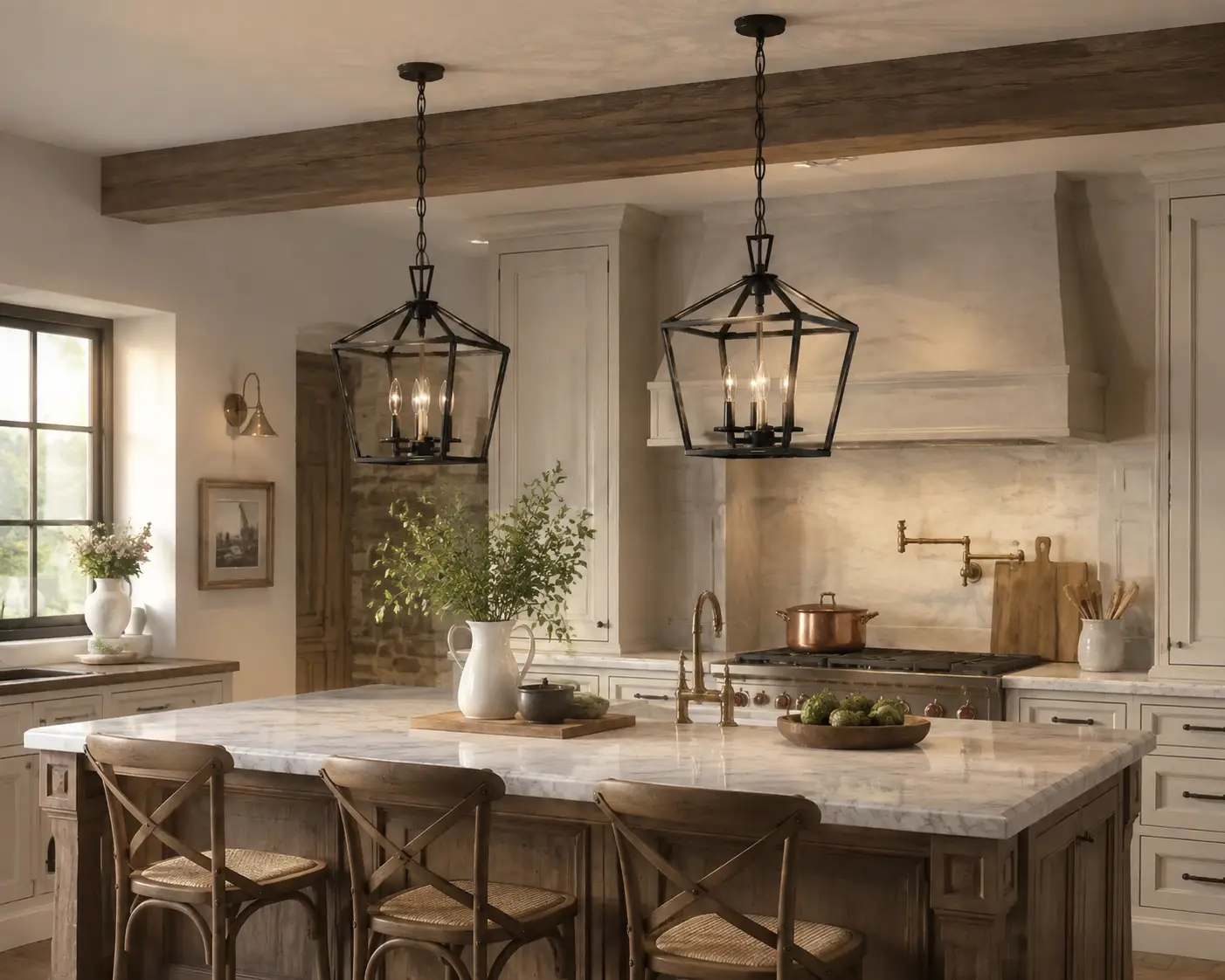 Pair of Tapered Lantern Pendants over Kitchen Island