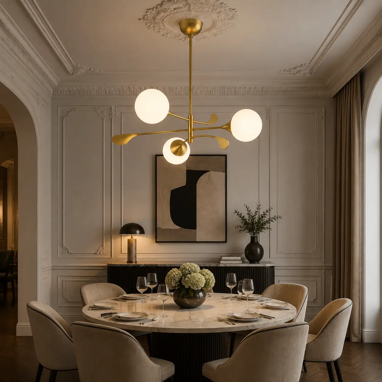 Florentis Brass Globe Pendant in Modern French Dining Hall