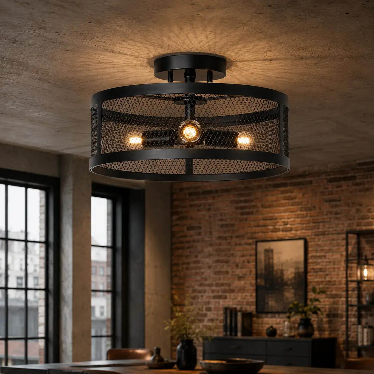Foundry Grid Semi Flush Ceiling Light in Industrial Loft Living Room