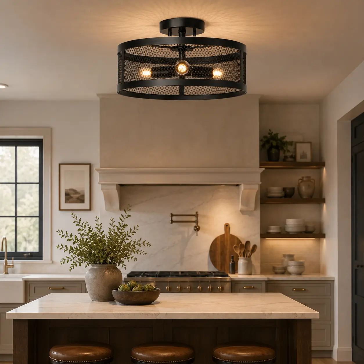 Foundry Grid 3 Light Flush Mount in Modern Farmhouse Kitchen