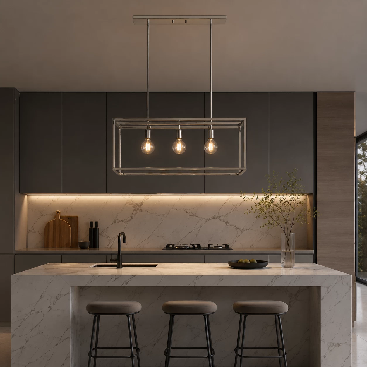 Geometric Chroma Linear Pendant over Modern Kitchen Island