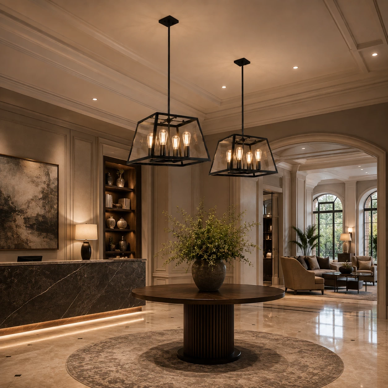 Geometric-Forge-4-Light-Pendant-with-Clear-Glass-Shade-transitional-foyer-salon Geometric-Forge-4-Light-Pendant-with-Clear-Glass-Shade-transitional-foyer-salon