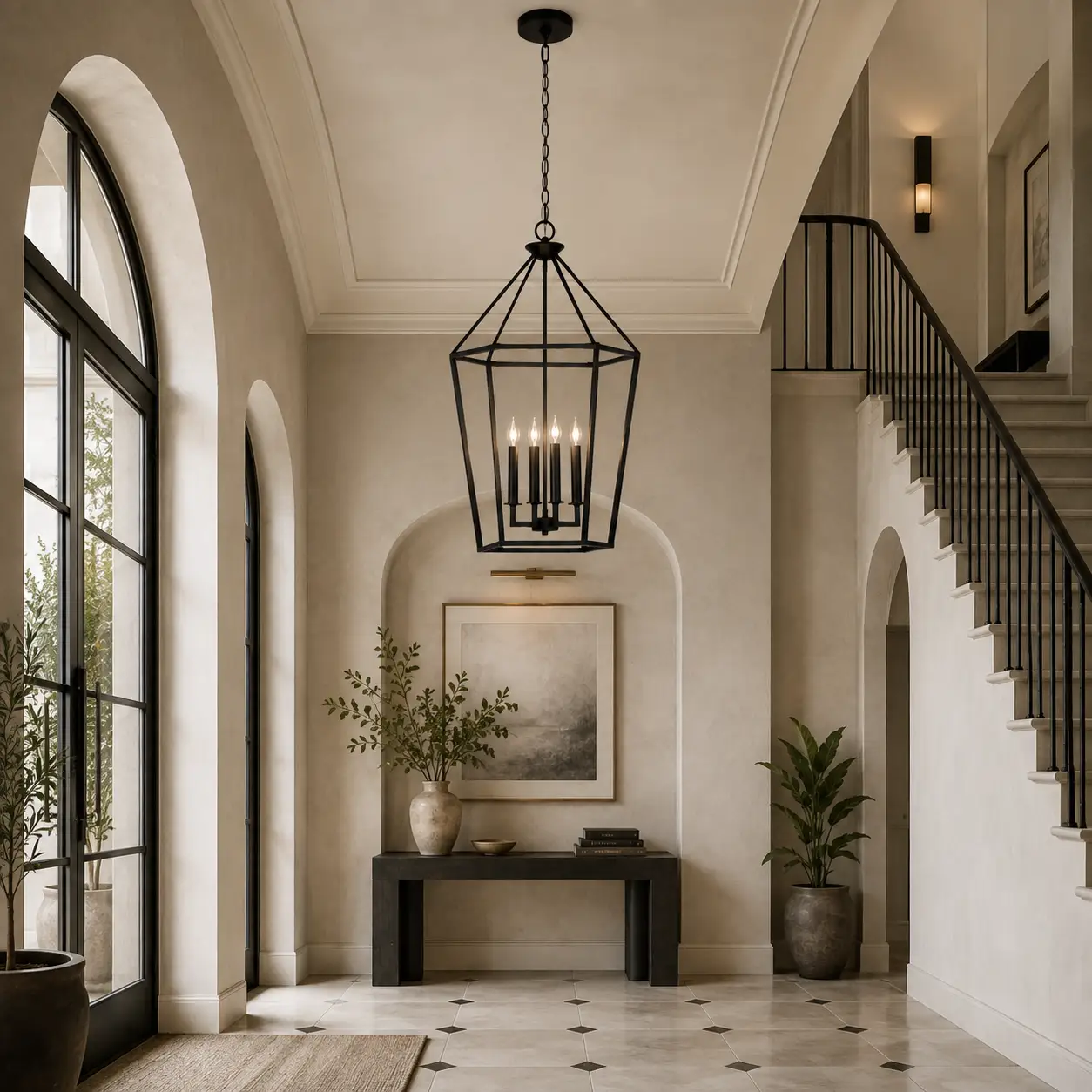 Geometric Lantern Pendant in Double Height Foyer