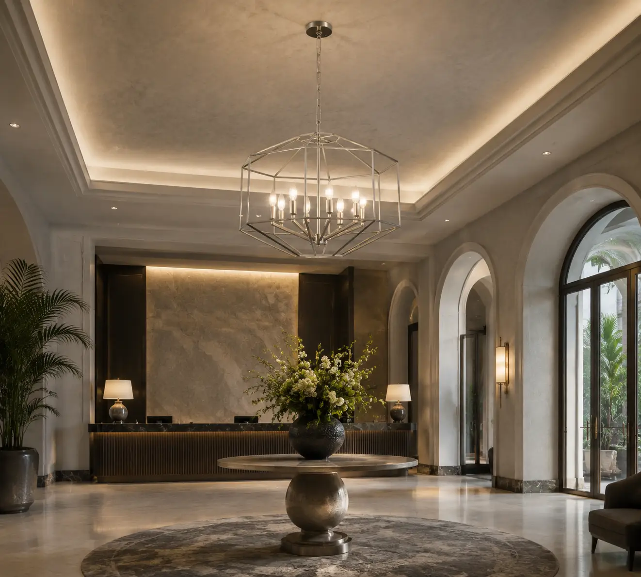 Geometric Meridian Chandelier in Hotel Lobby Foyer