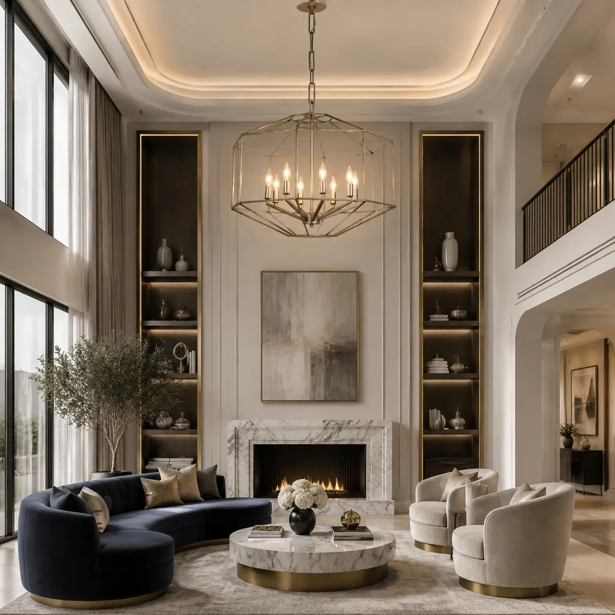 Geometric Meridian Chandelier in Modern Luxury Living Room