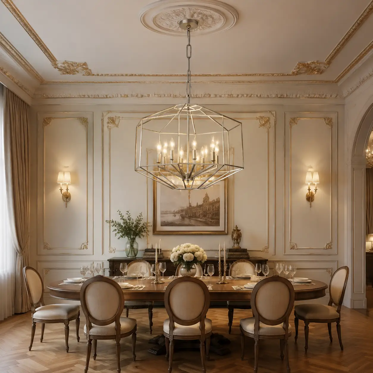 Geometric Meridian Chandelier in French Transitional Dining Room