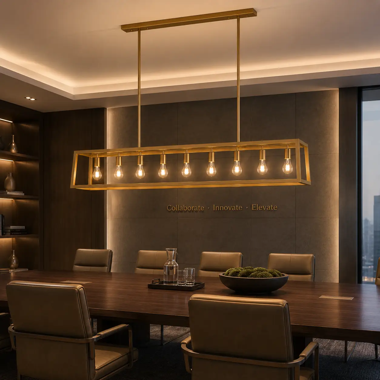 Gilded Horizon Linear Pendant in Executive Boardroom