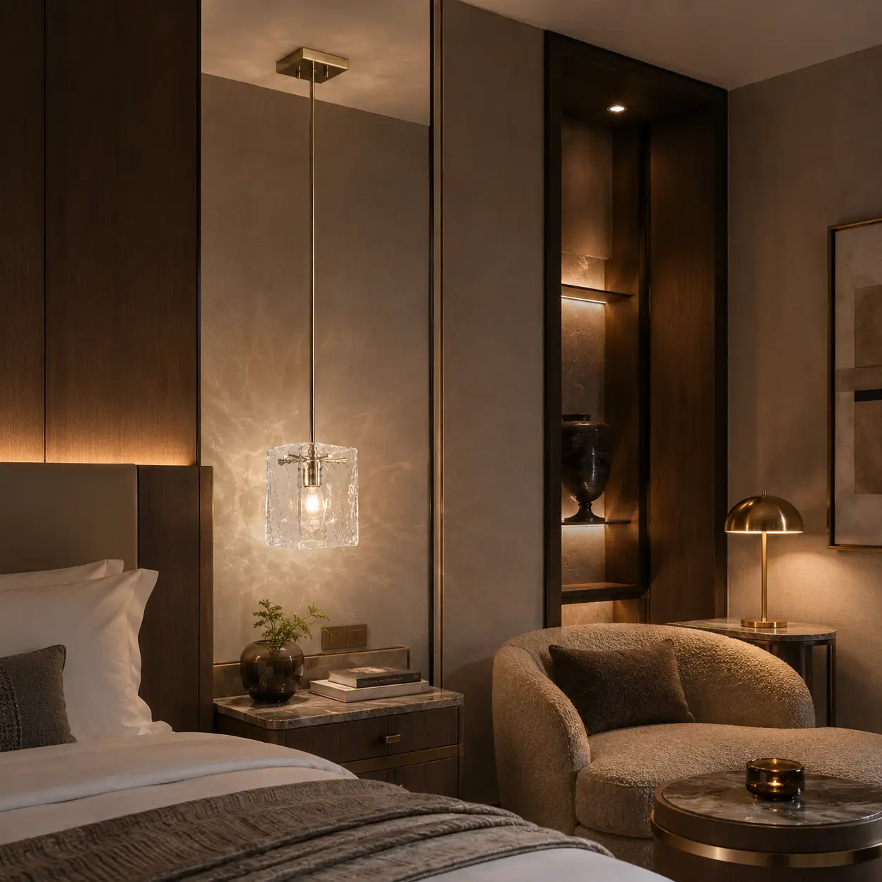 Artisanal glass block pendant suspended as bedside ambient lighting