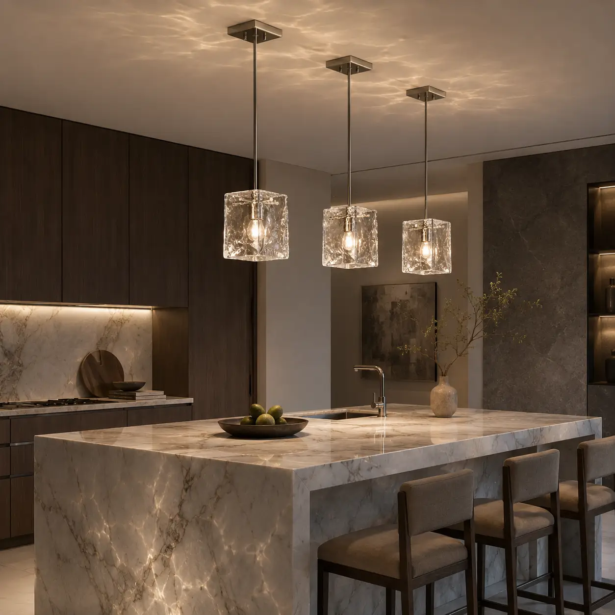 Glacial Cube Glass Pendants clustered over modern kitchen island