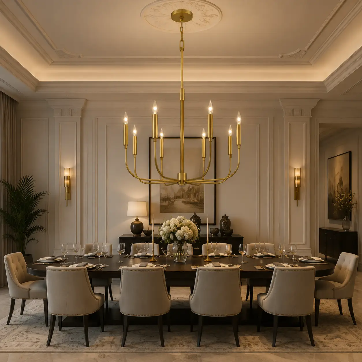 Golden Horizon Chandelier over Grand Dining Table