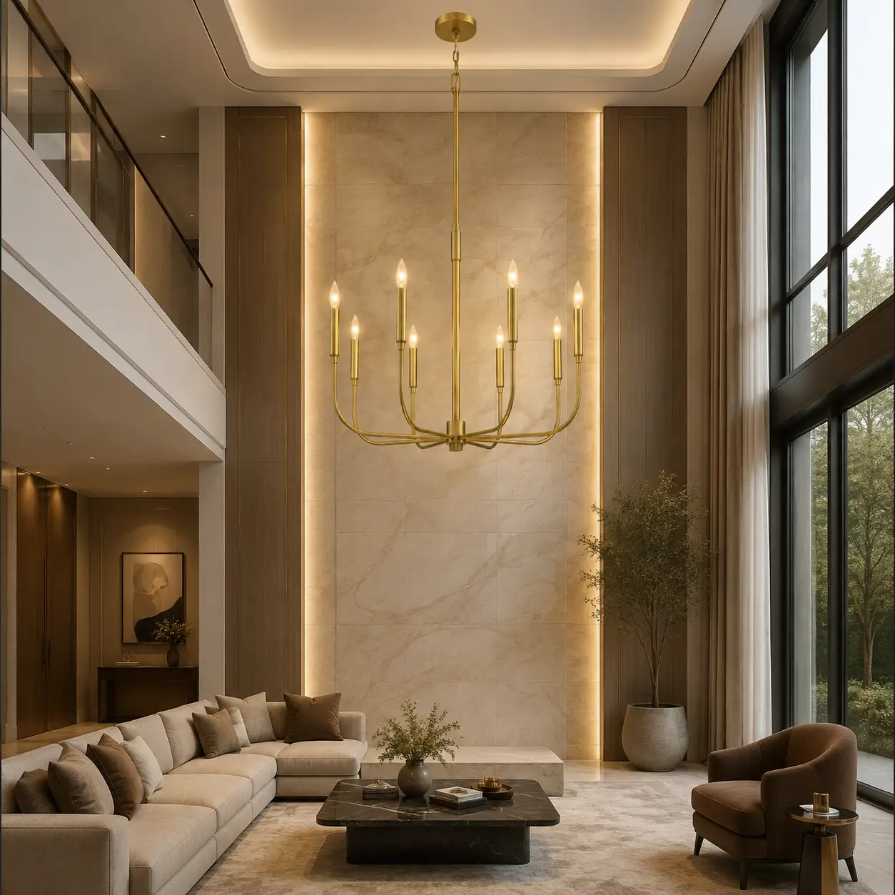 Golden Horizon Chandelier in Double-Height Living Room