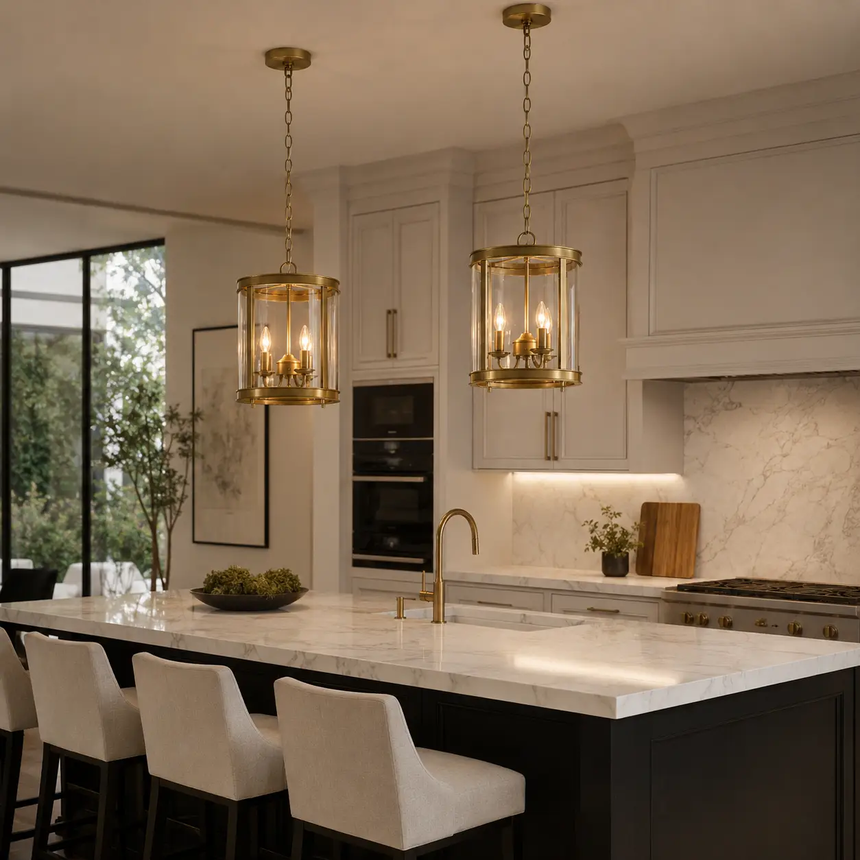 3-Light cylinder glass lantern hanging over kitchen island
