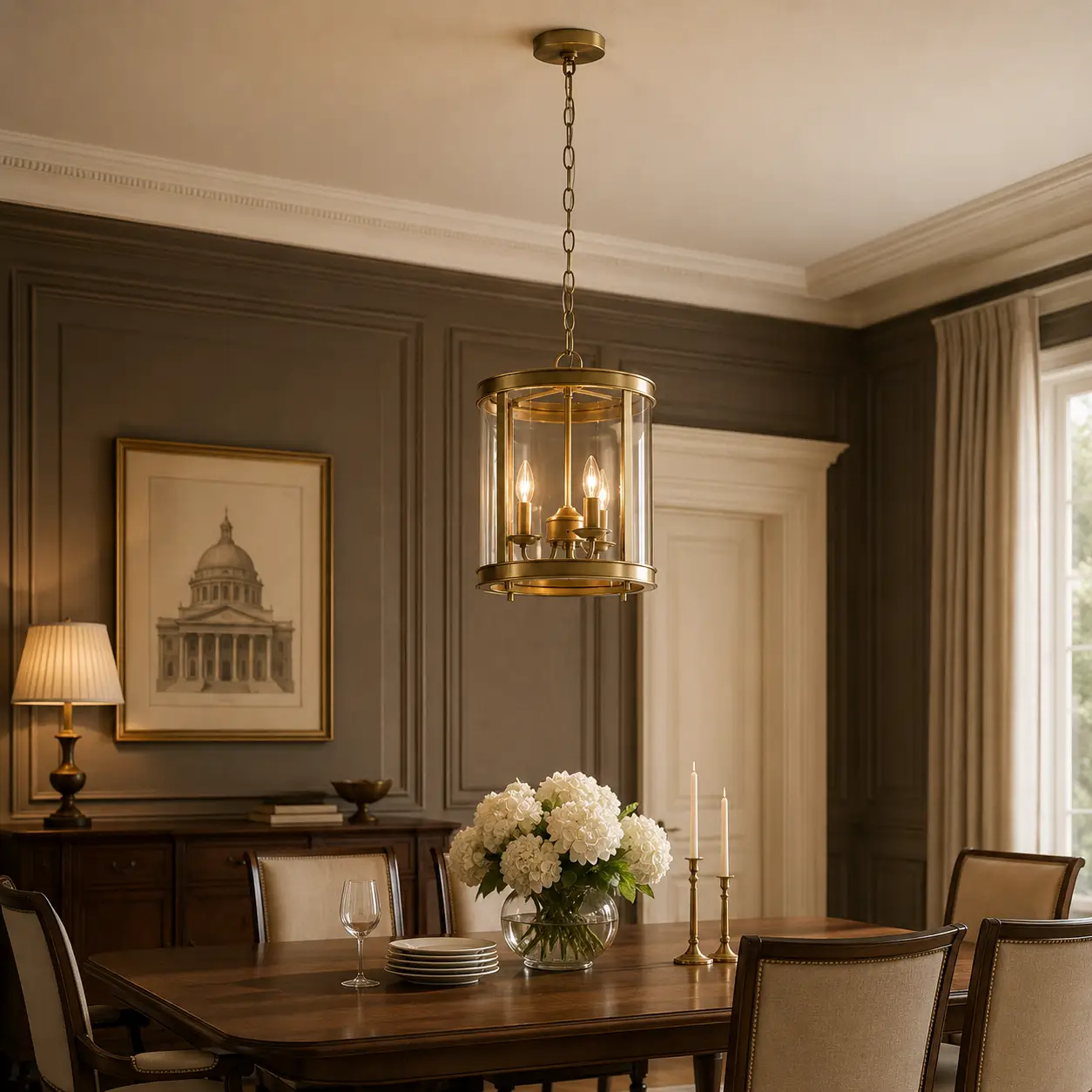 3-Light Heirloom Cylinder Glass Lantern Pendant in luxury dining room setting
