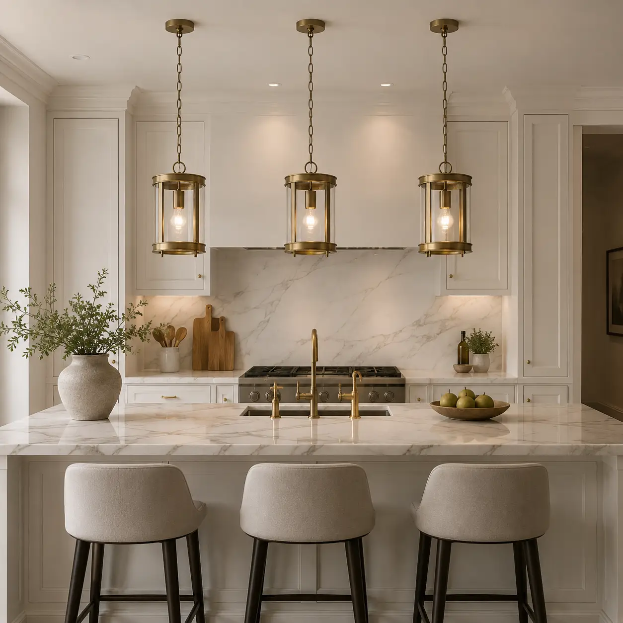 Heirloom Cylinder Mini Lanterns over transitional kitchen island