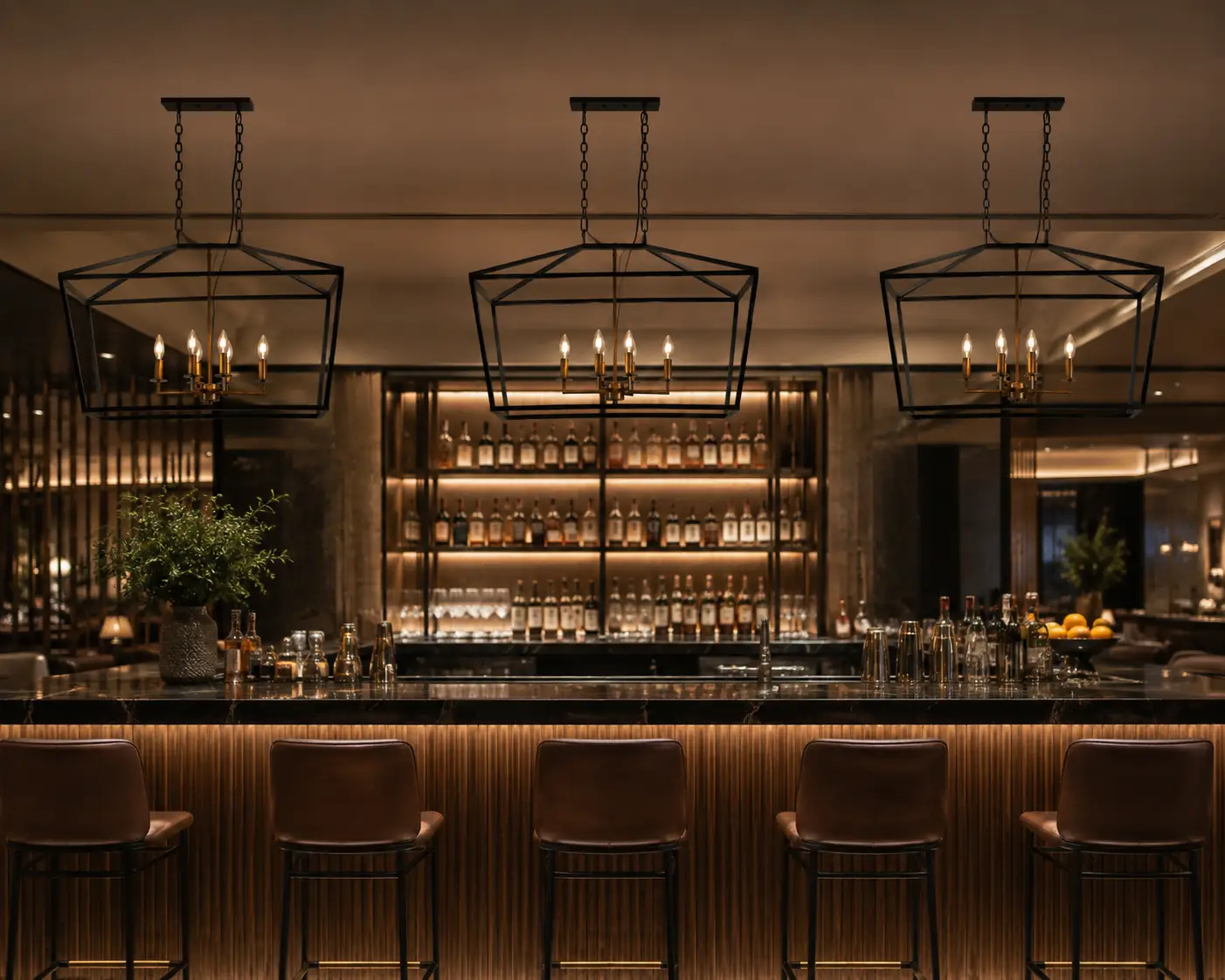 The Homestead Linear Cage Pendant in Executive Bar Lounge