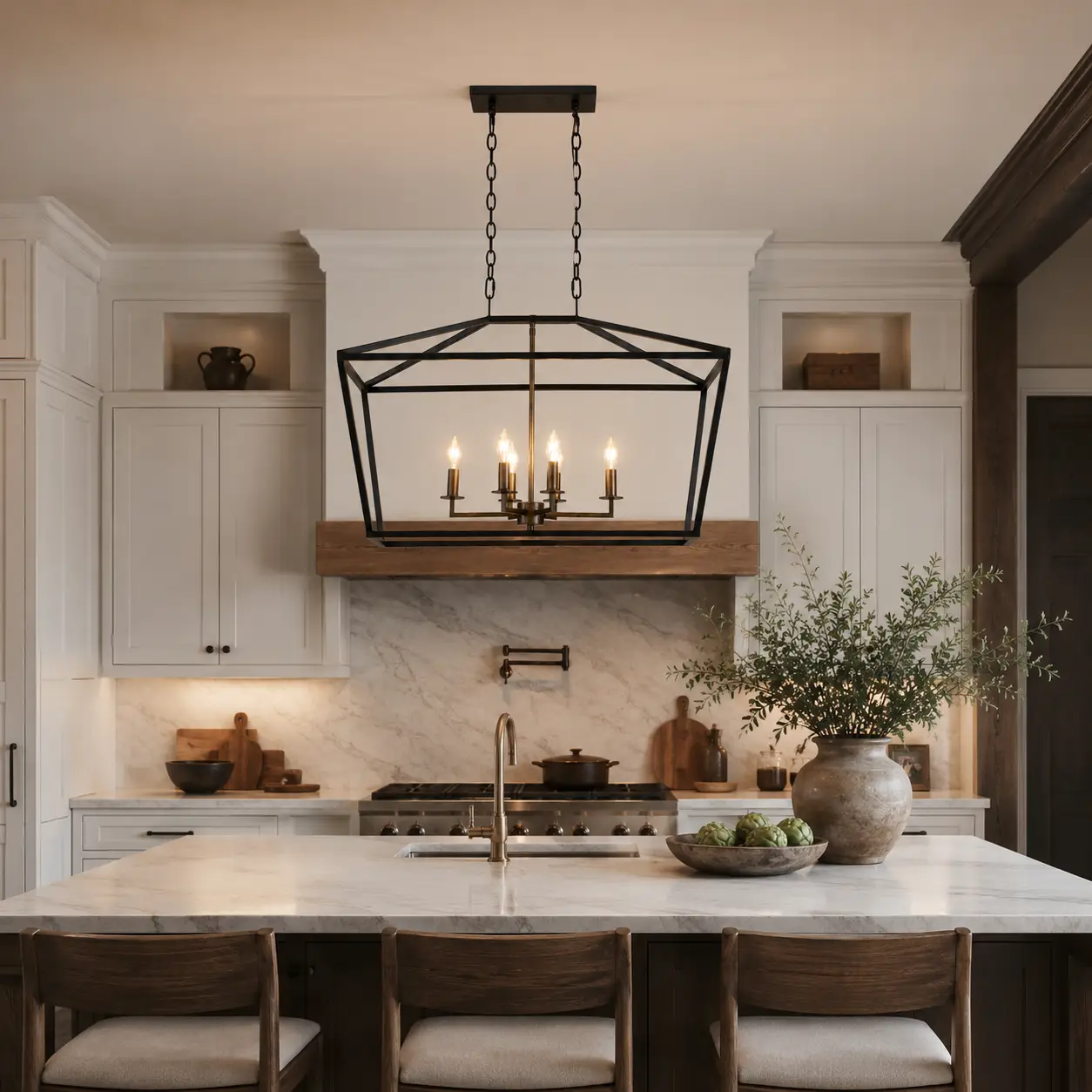 The Homestead 6-Light Cage Chandelier over Modern Farmhouse Kitchen Island
