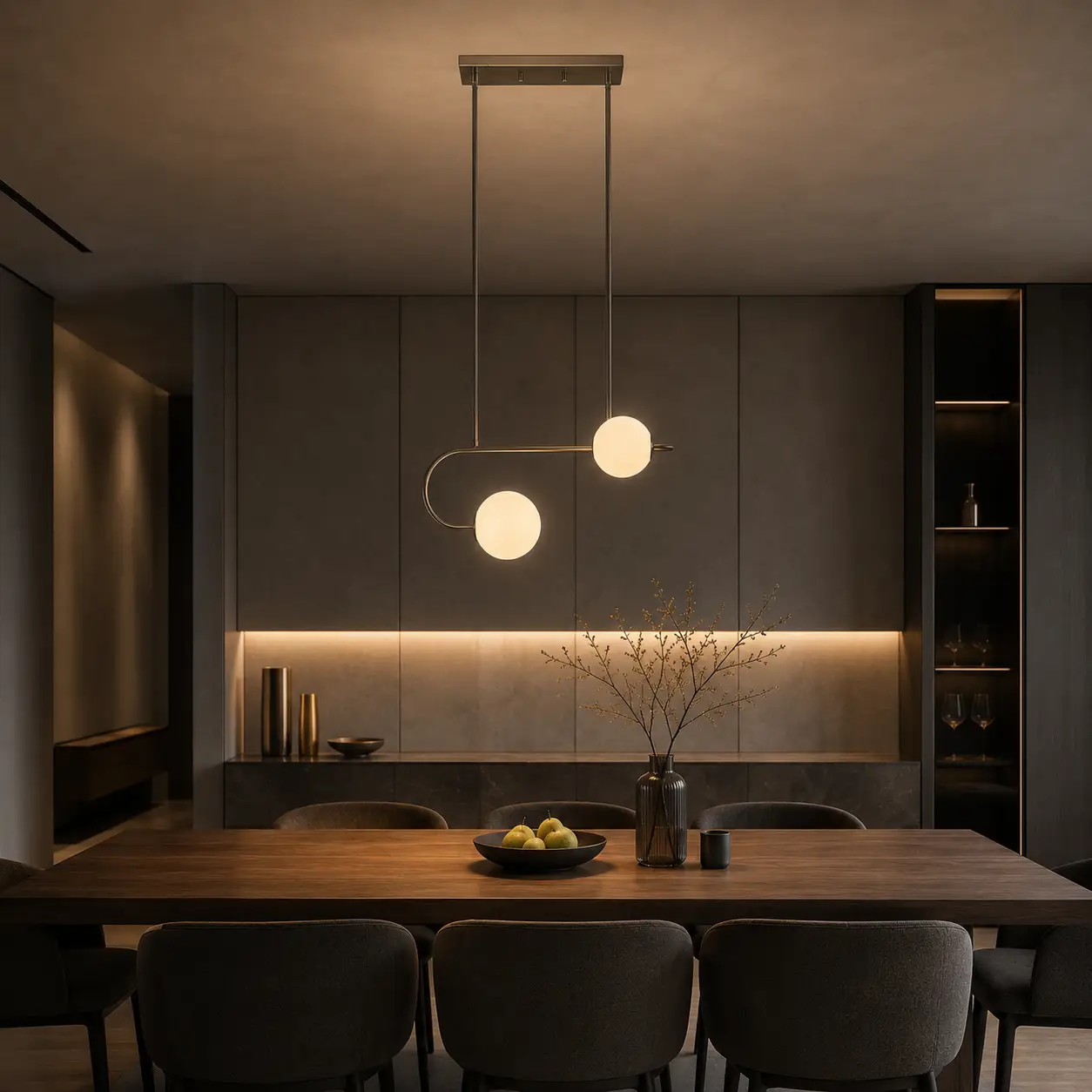 Minimalist Dual Sphere Linear Pendant over Dining Table