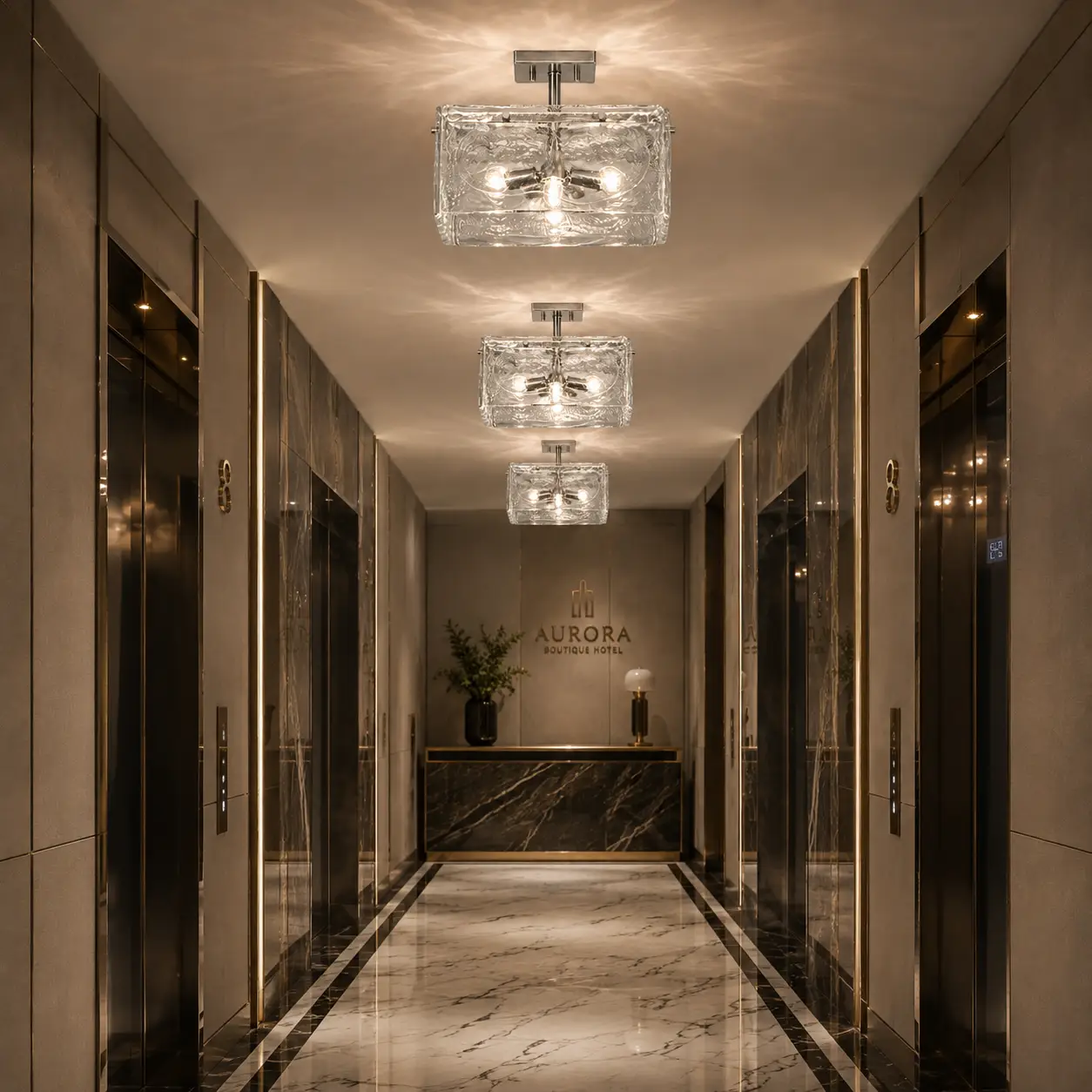 Cast glass block flush mount in minimalist commercial reception