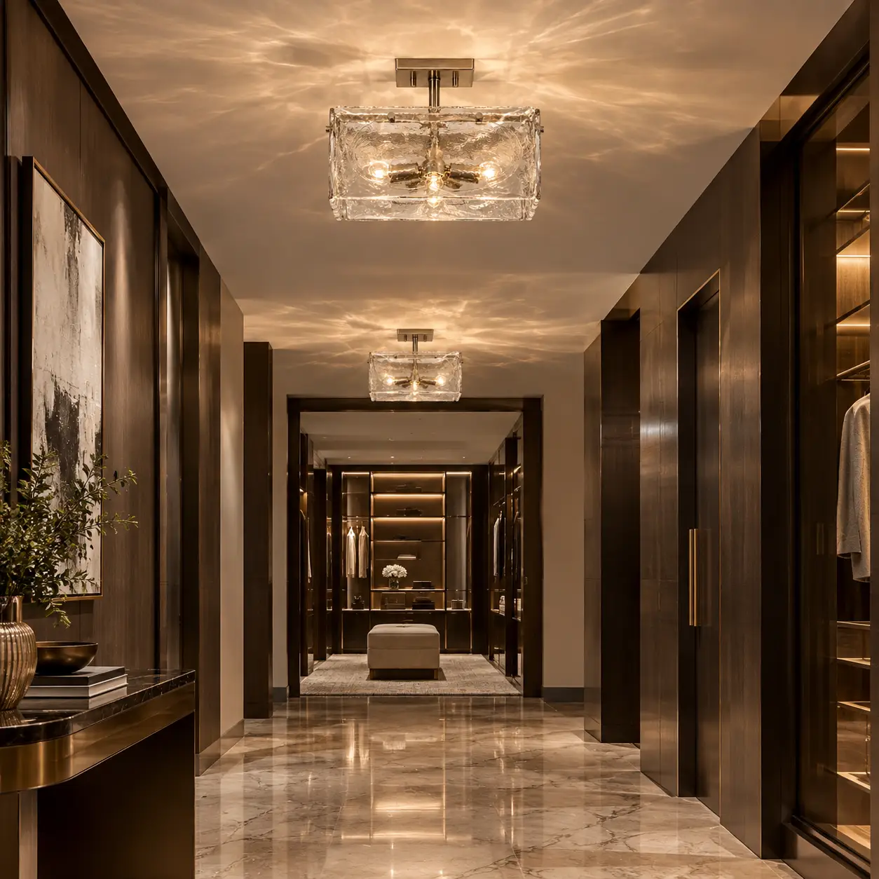 Ice Block Glow Semi-Flush in Modern Luxury Hallway