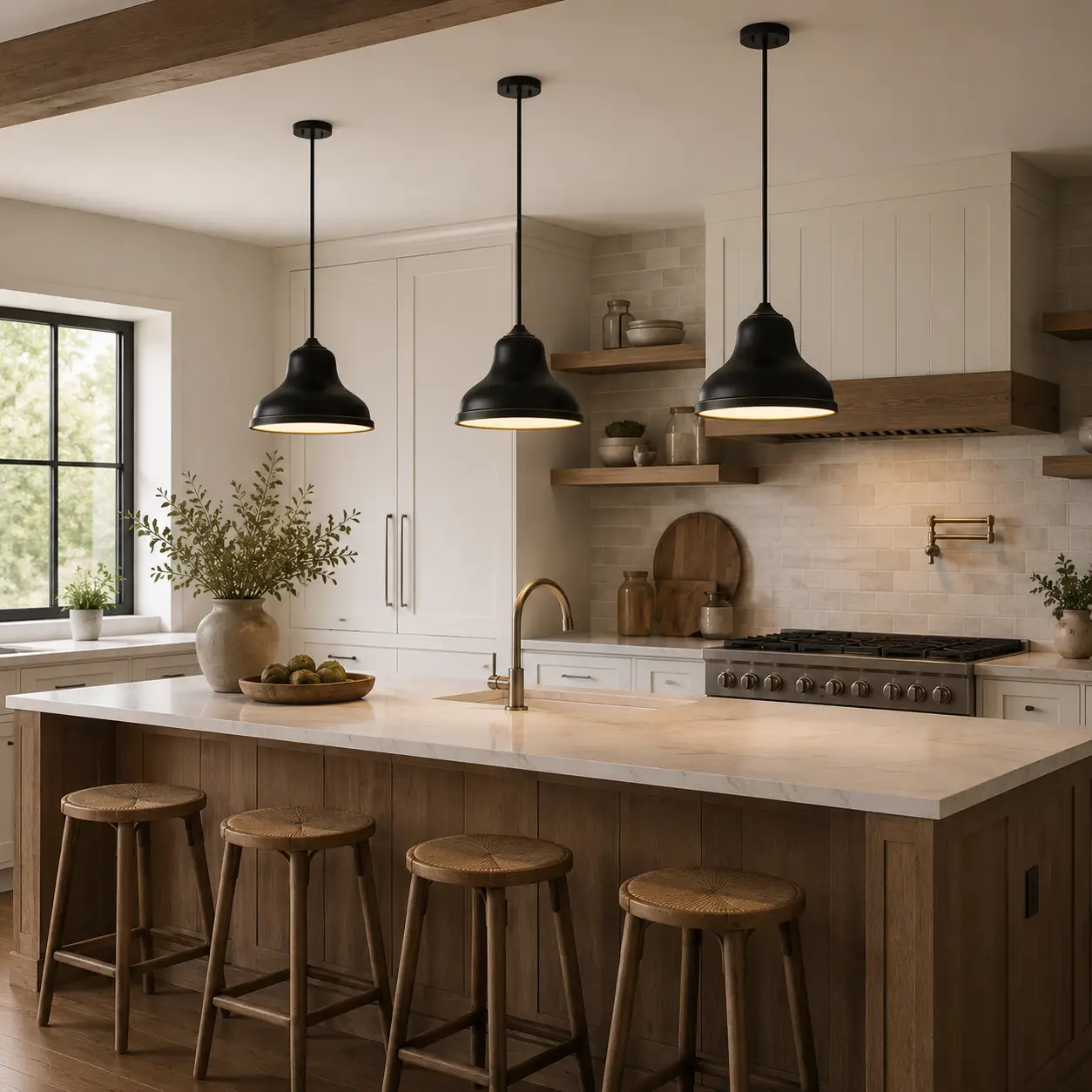 Industrial Bell Cone Pendant Multi-Light Array over Kitchen Island