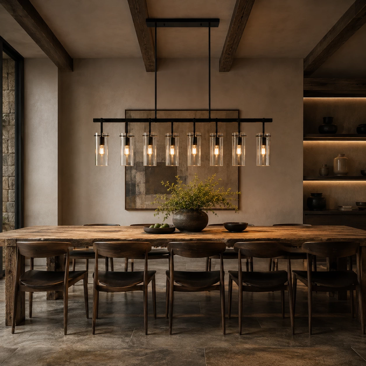 Industrial Linear Chandelier over Timber Dining Table