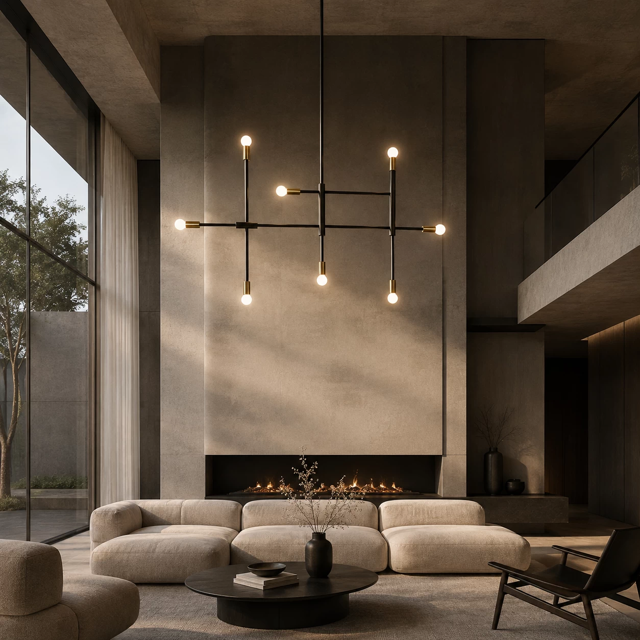 Kinetic Modernist Chandelier in Minimalist Architectural Living Room