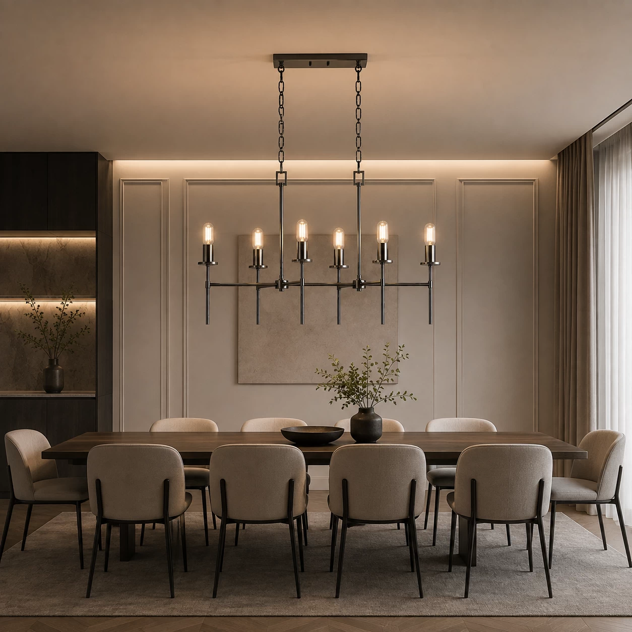 Linear Modernist Chandelier over Long Dining Table