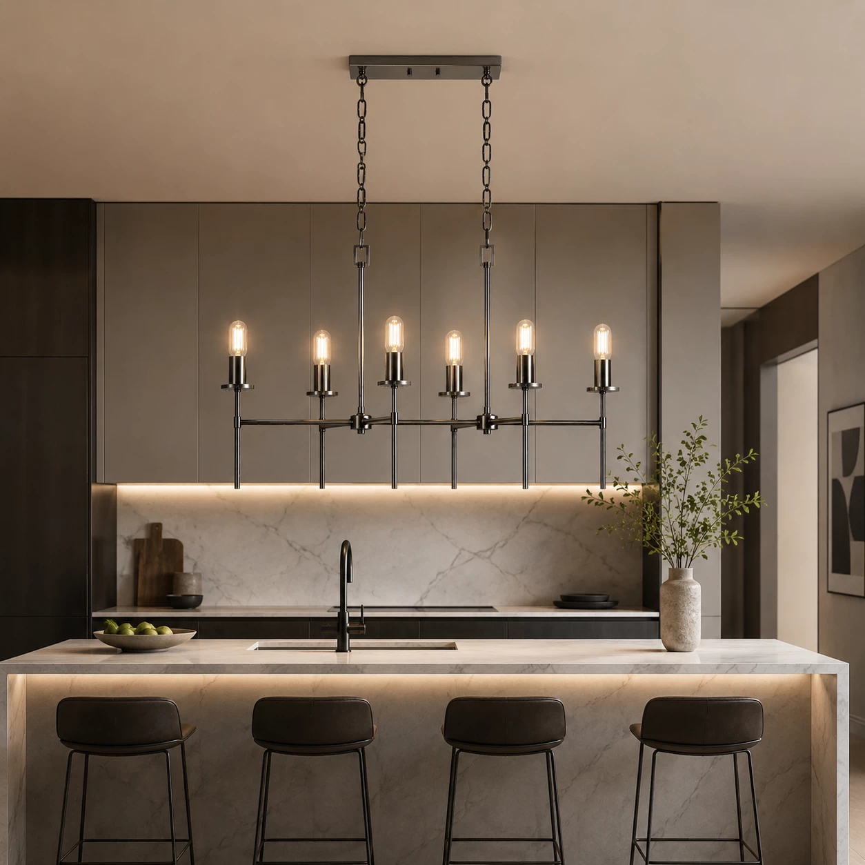 Linear Modernist Chandelier over Luxury Kitchen Island