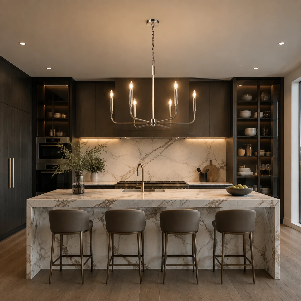 Linear Radiance 6-Light Chandelier over Kitchen Island