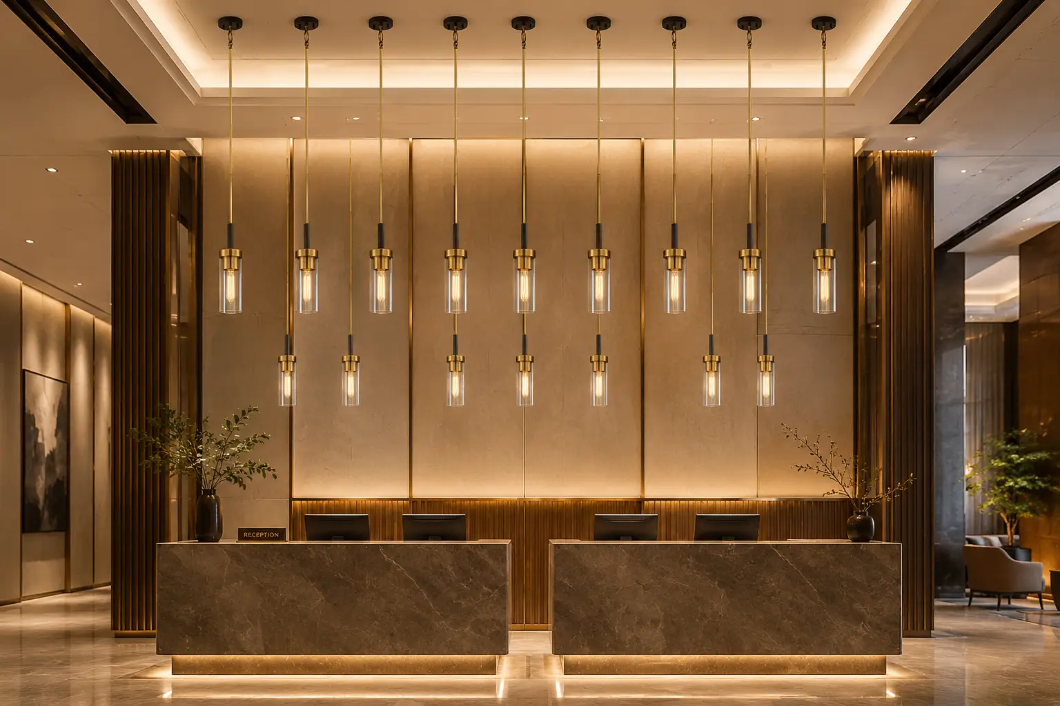Luma Cylindro Pendant Grid in Hotel Reception Lounge