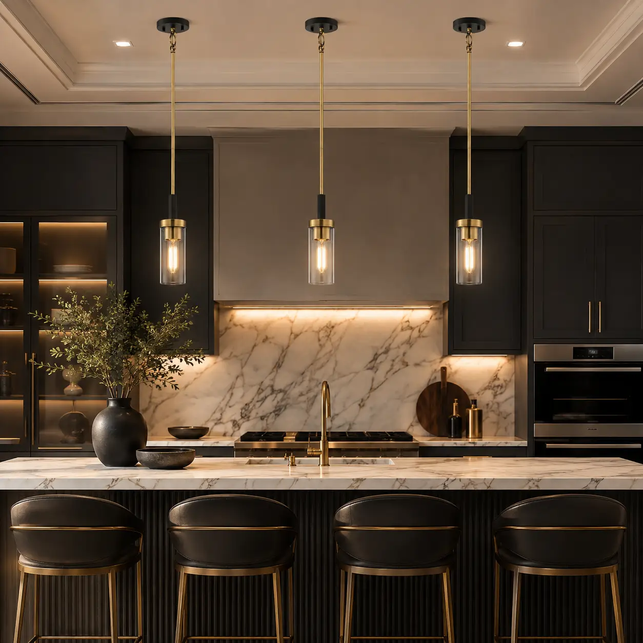 Luma Cylindro Pendant Trio suspended over Modern Kitchen Island
