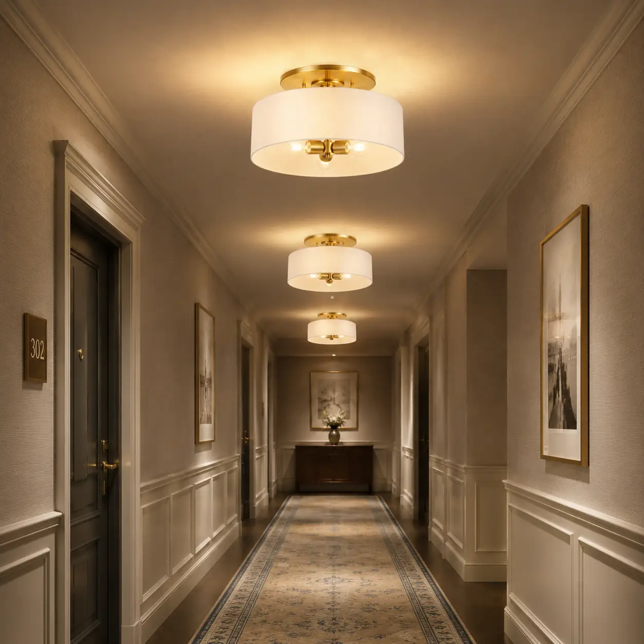Lumière Drum Flush Mount in Hotel Corridor