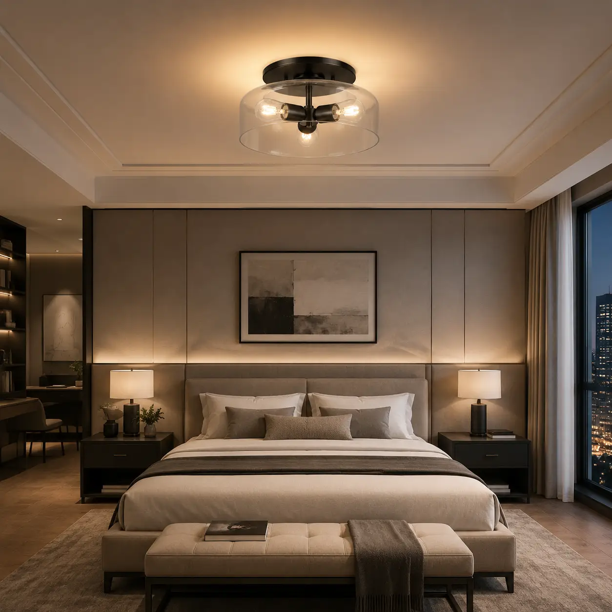 Lumière Drum Flush Mount in Luxury Guestroom