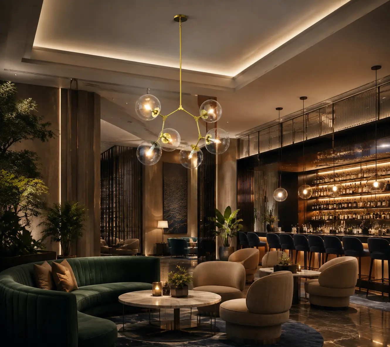 Luminary Orb Chandelier in Luxury Hotel Lobby