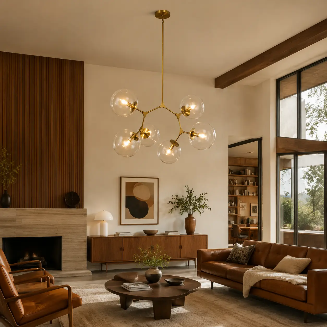 Luminary Orb Chandelier in Mid-Century Modern Living Room