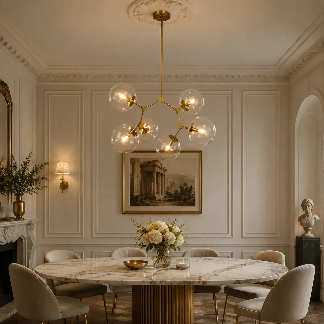 Orb Chandelier over Neoclassical Dining Table