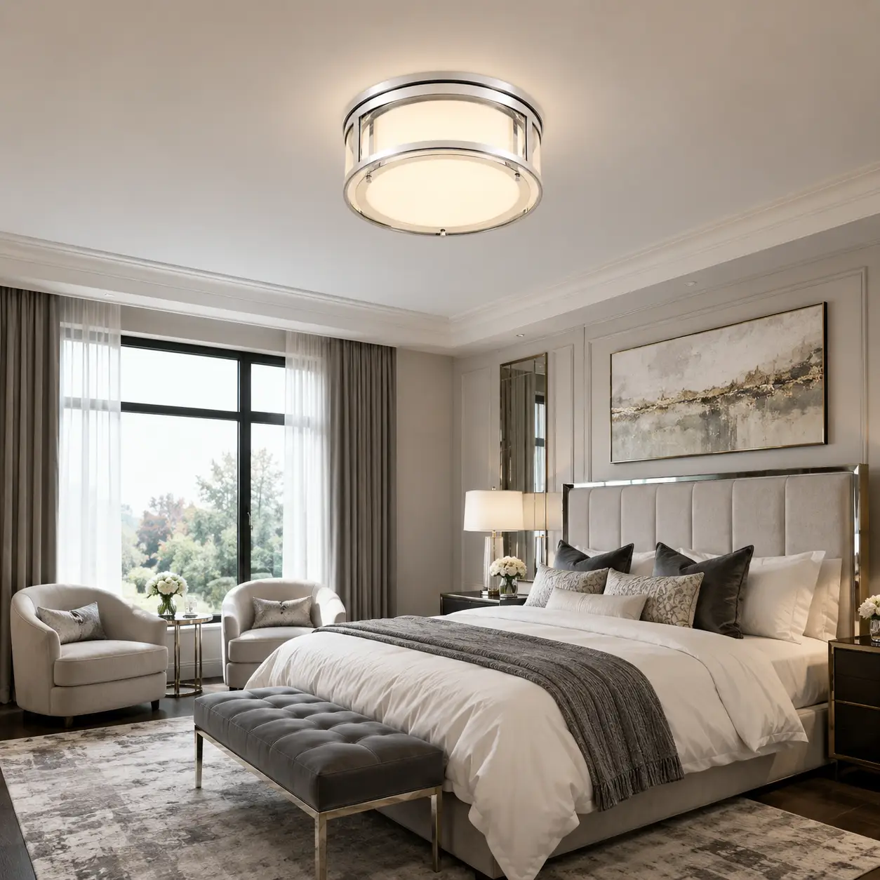 The Luminesce Polished Chrome Flush Mount in Modern Luxury Master Bedroom
