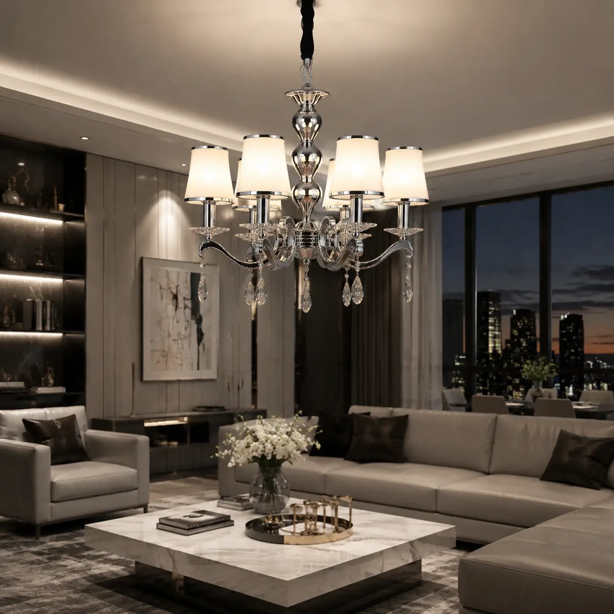 The Luminous Elegance Crystal Chandelier in Modern Luxury Penthouse Living Room