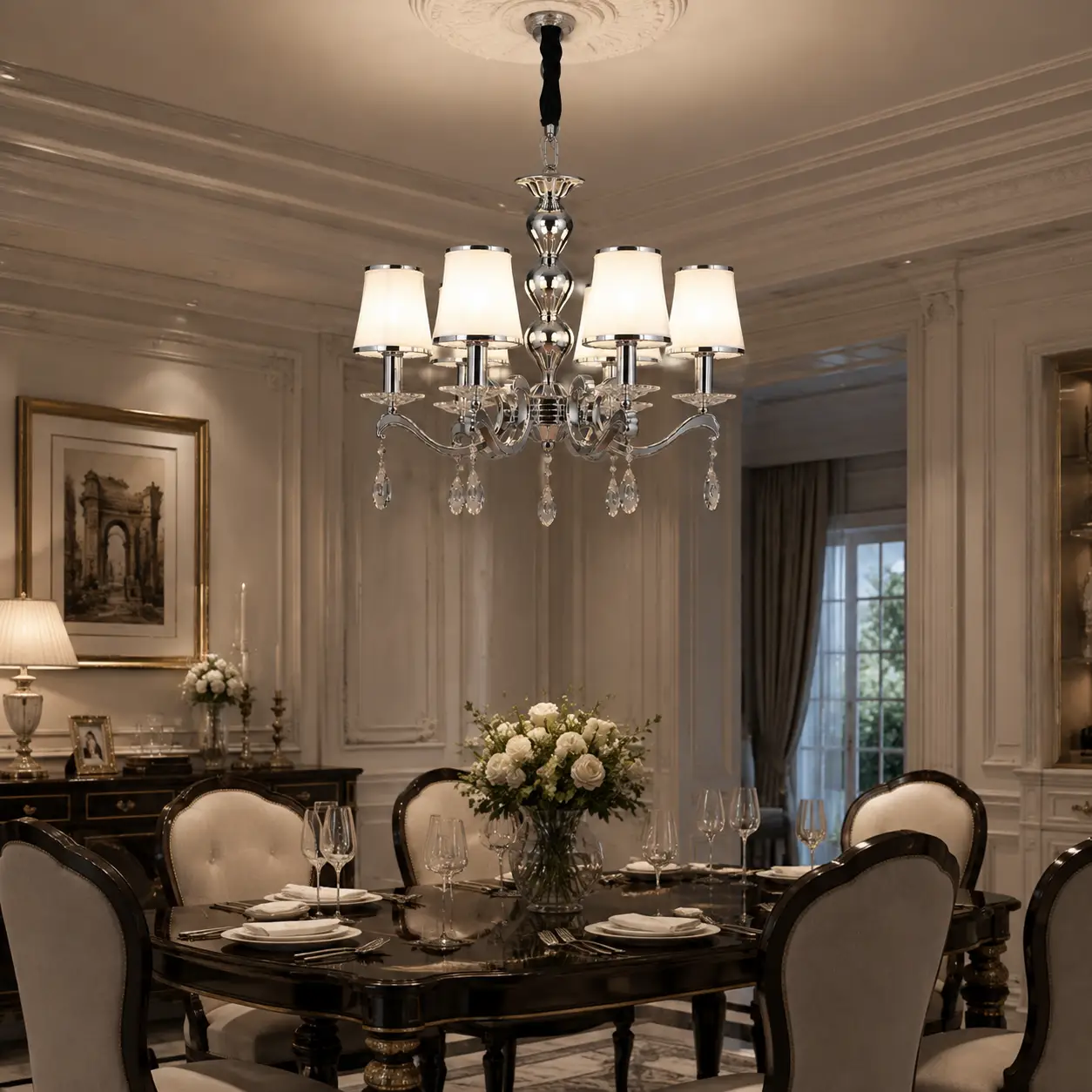 The Luminous Elegance Crystal Chandelier in Neoclassical French Dining Room