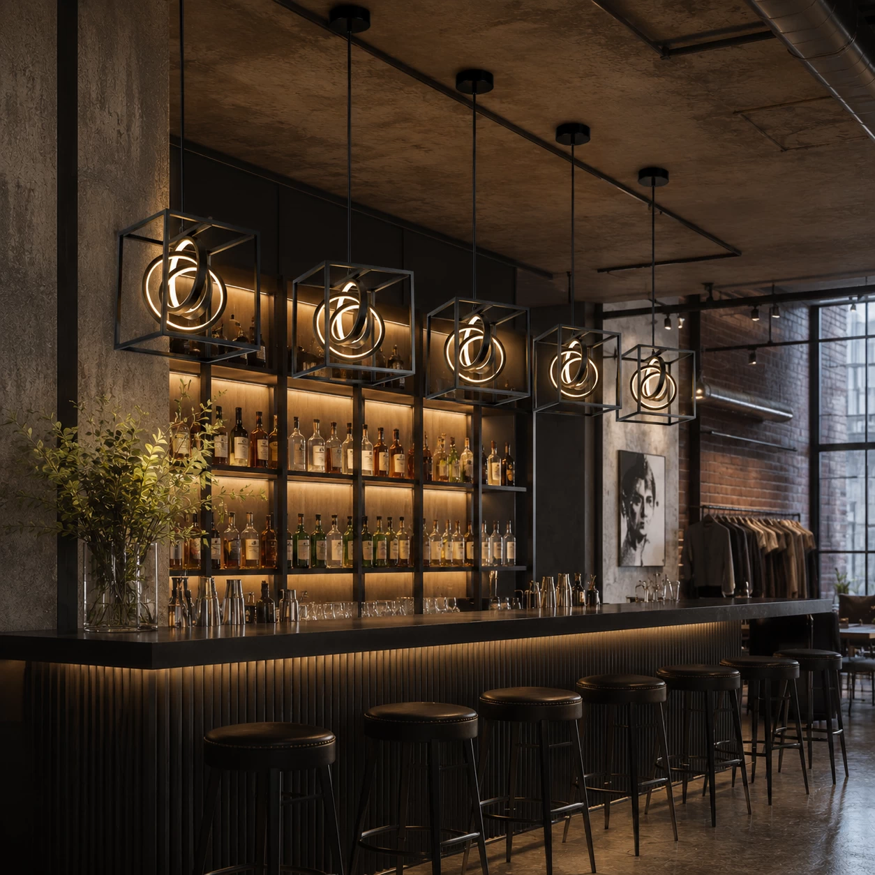 LumoCube LED Pendant in Industrial Hospitality Bar