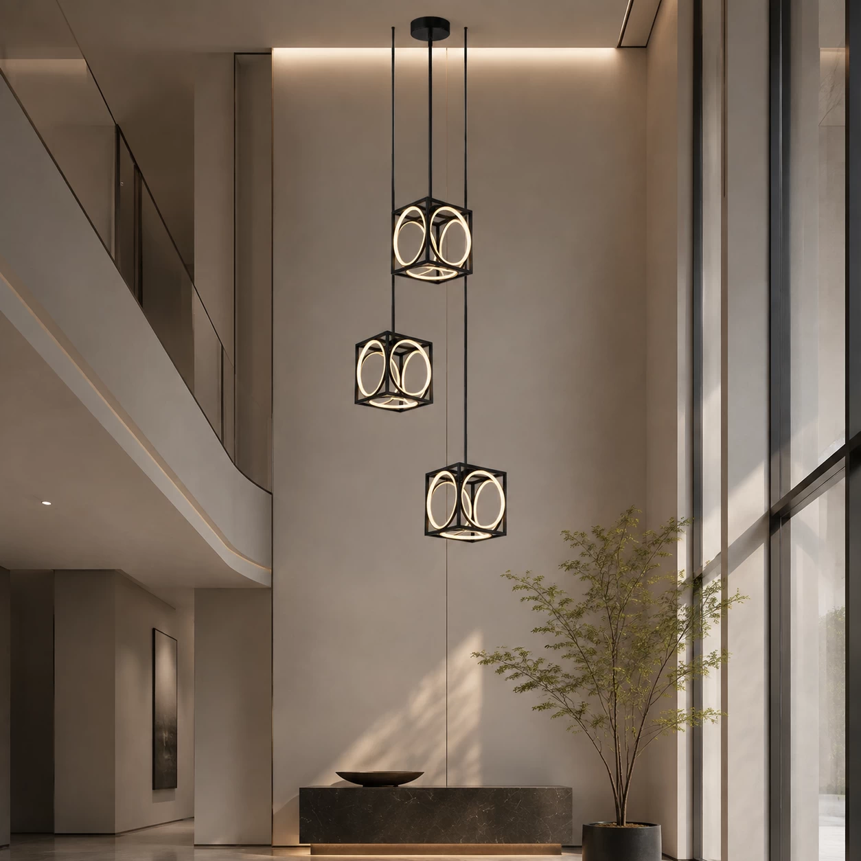 LumoFrame-Geometric-Suspension-5-Ring-LED-Pendant-multi-level-lobby LumoFrame-Geometric-Suspension-5-Ring-LED-Pendant-multi-level-lobby