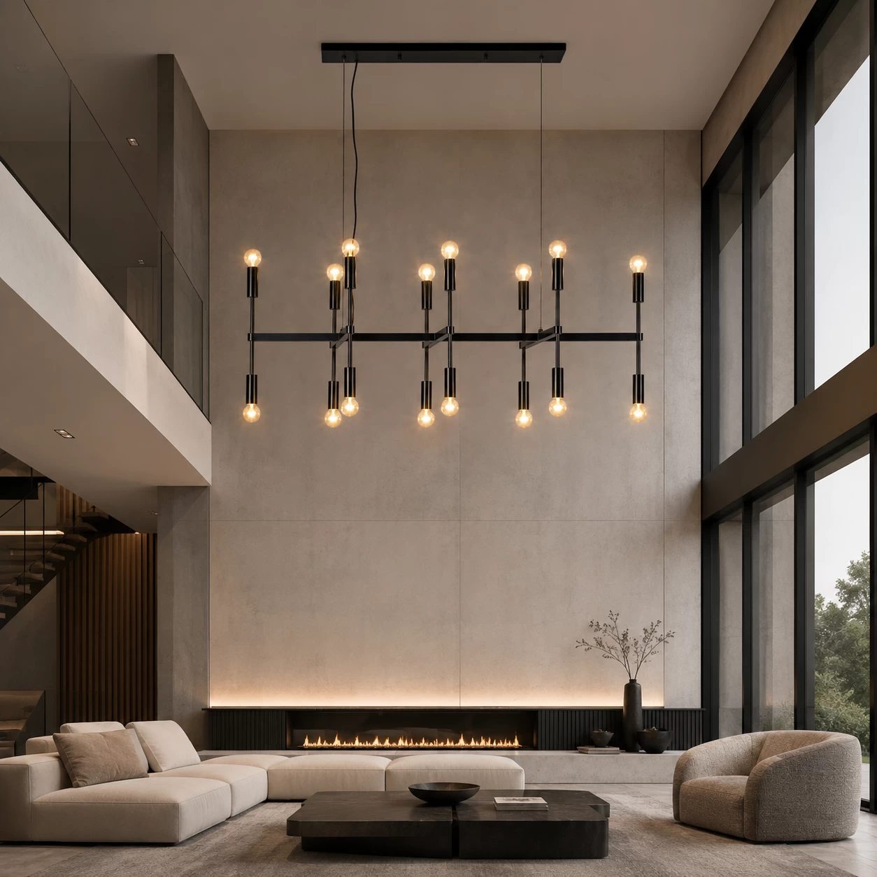Metropolis Grid Chandelier in Modern Architectural Living Room