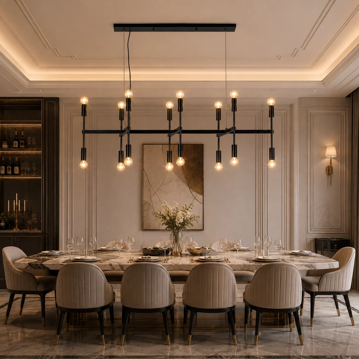 Metropolis Grid Chandelier over Grand Banquet Table