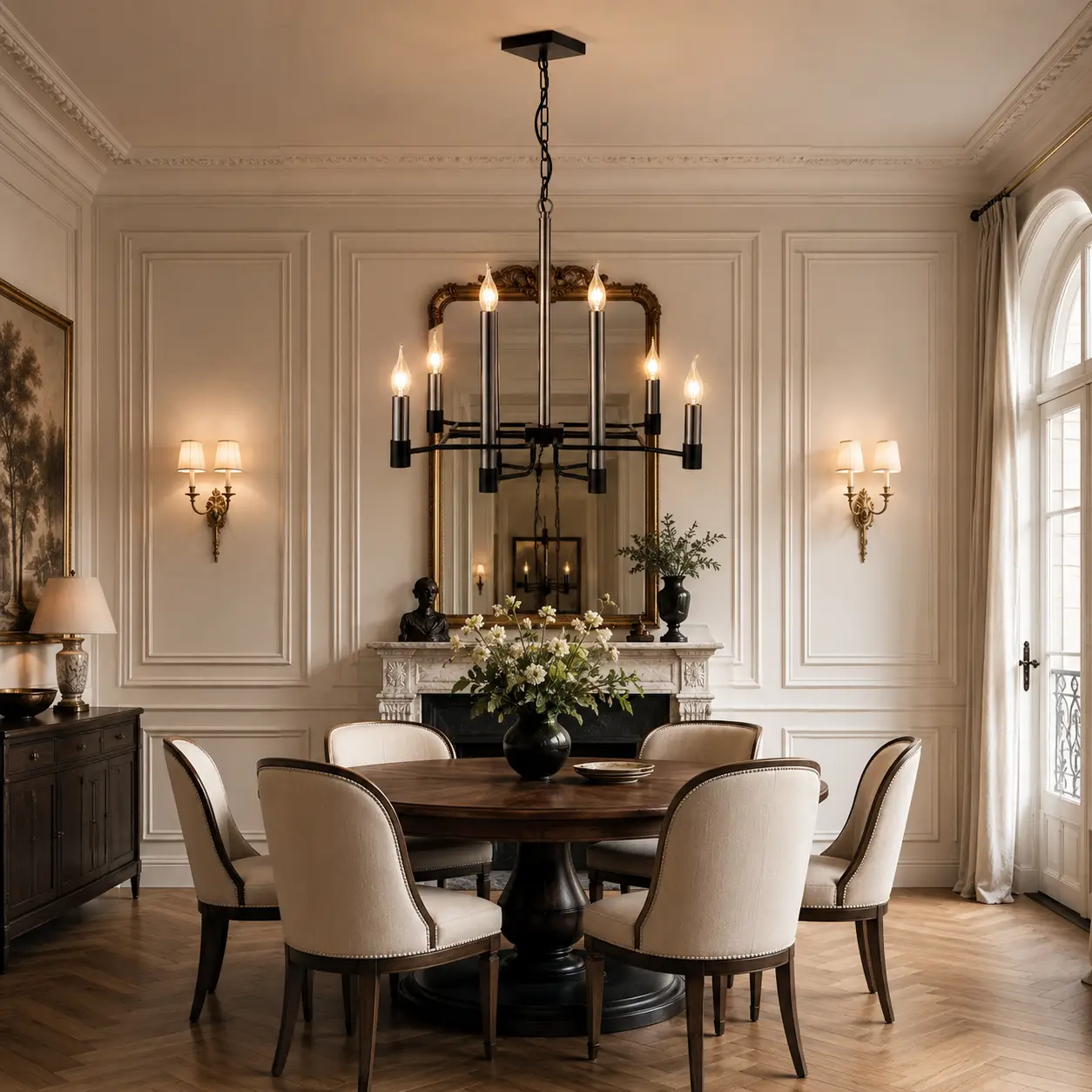 Metropolitan Elegance Tiered Chandelier in Neoclassical Living Room