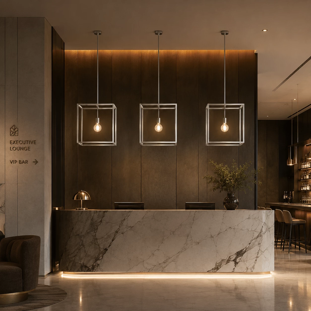 Linear Cube Pendant in Hotel Reception Lounge