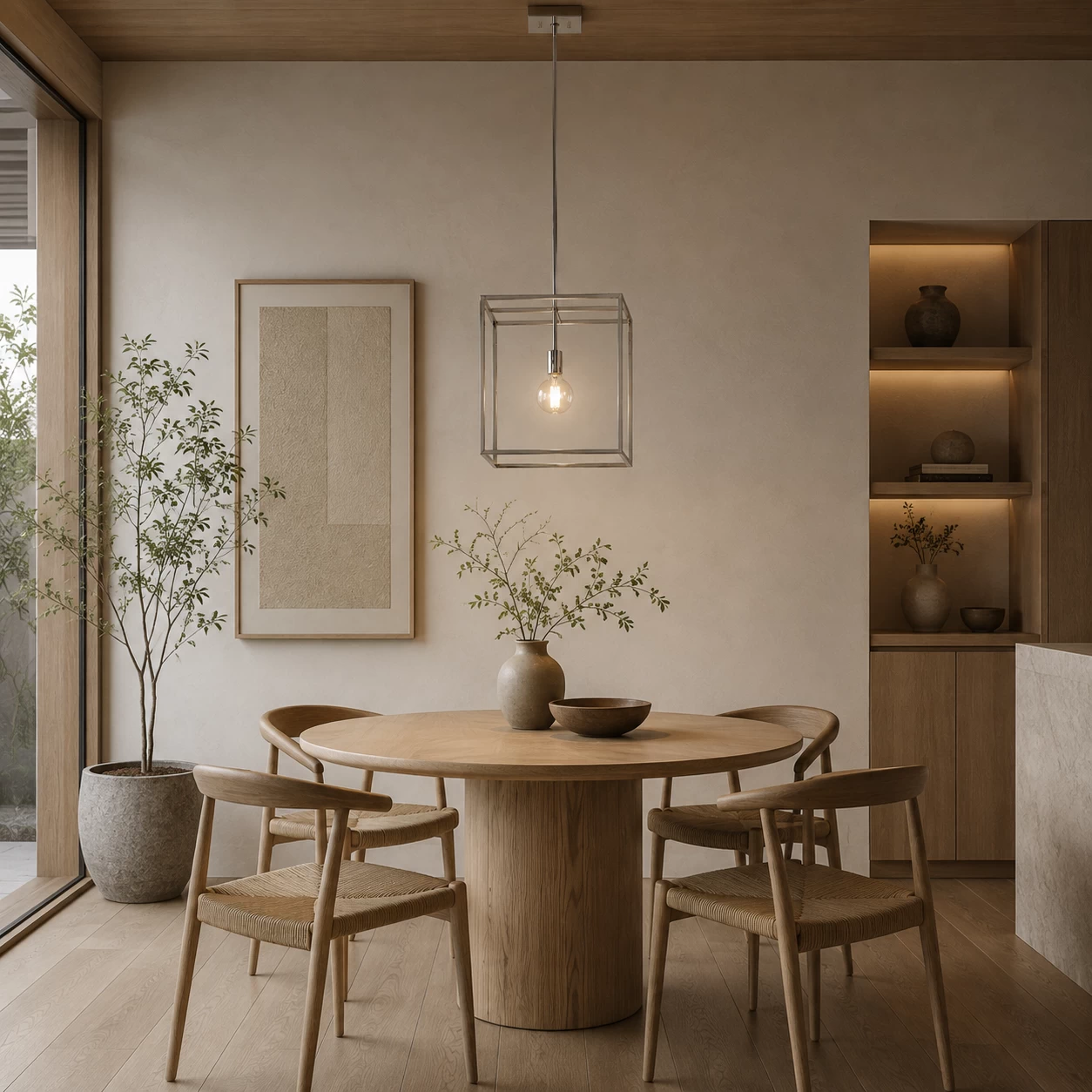 Minimalist Cube Pendant in Japandi Dining Nook