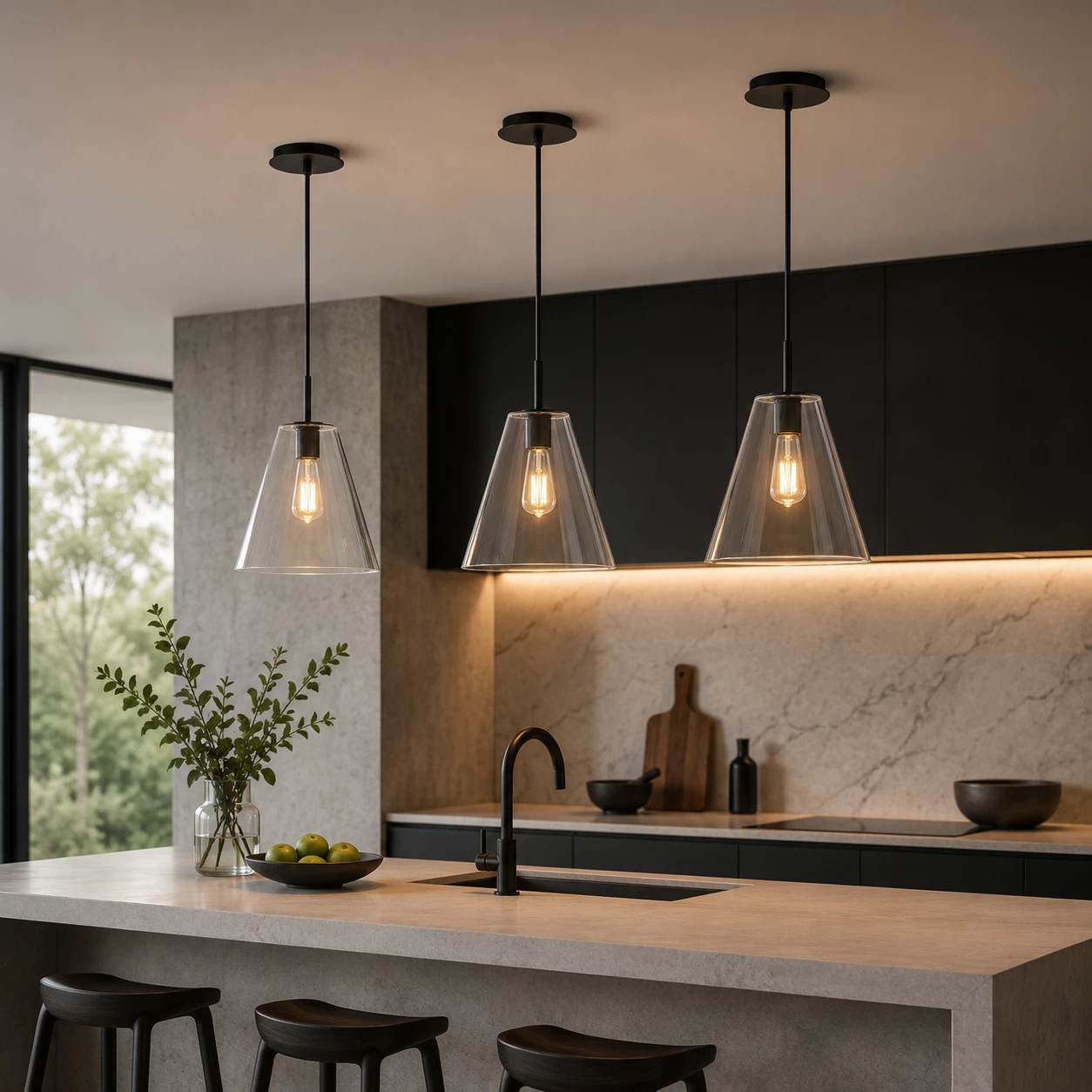 Clear Glass Cone Pendant in Modern Industrial Kitchen Island